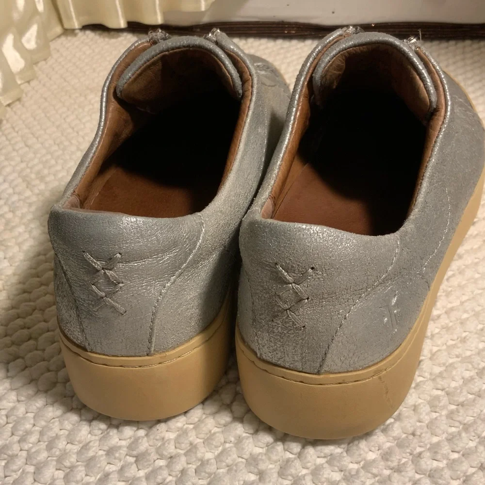 Frye Silver Leather Zip-Front Slip-On Sneakers with Tan Platform Lena